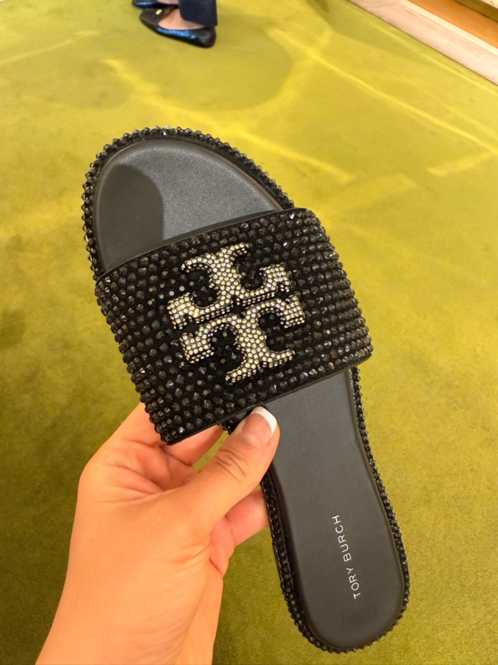 Tory Burch Everly Crystal Logo Rhinestone Slide Sandals, Black / Clear / Silver - Picture 6 of 6